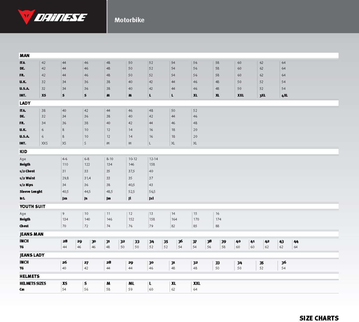 Dainese sizing chart page 1